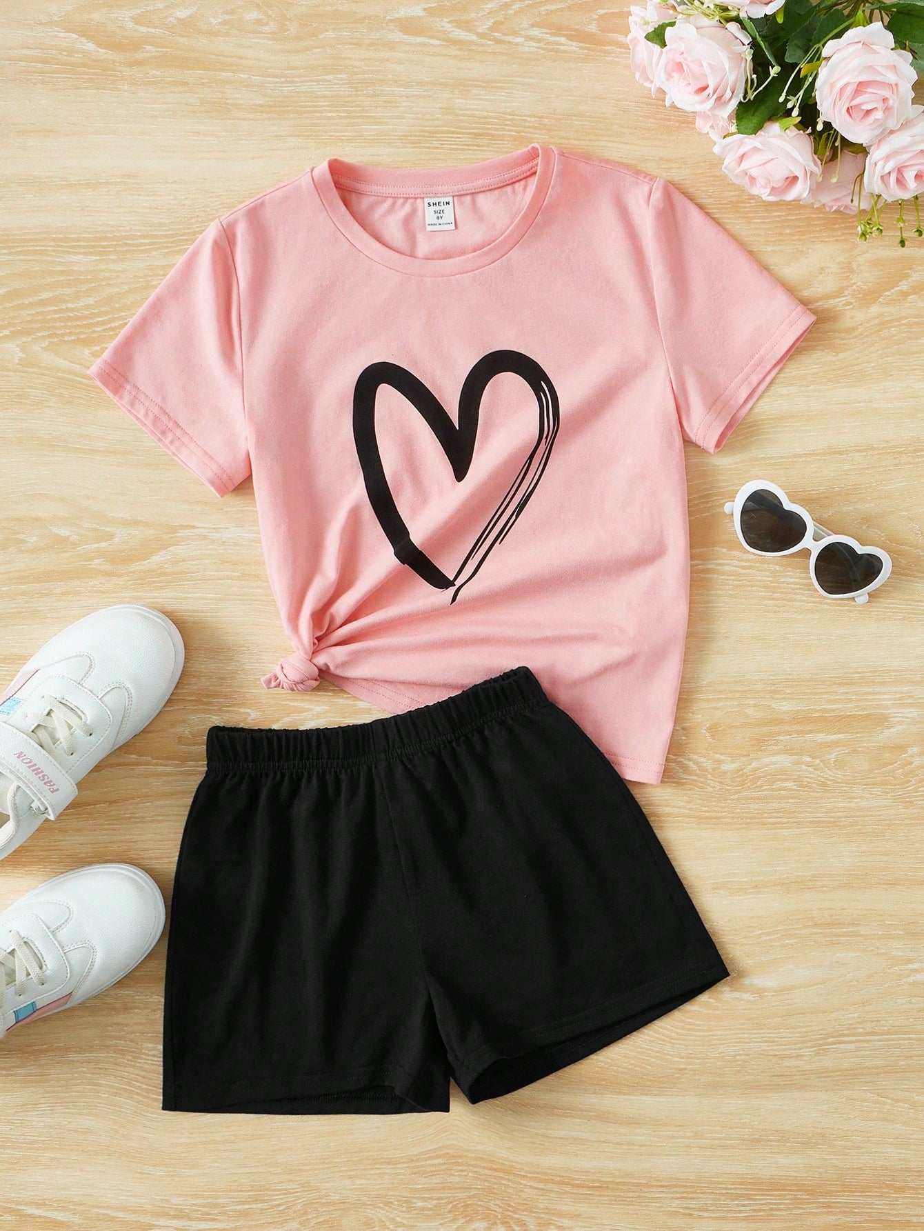 Tween Girl Solid Color Casual 2pcs Heart Printed T-Shirt And Shorts Set