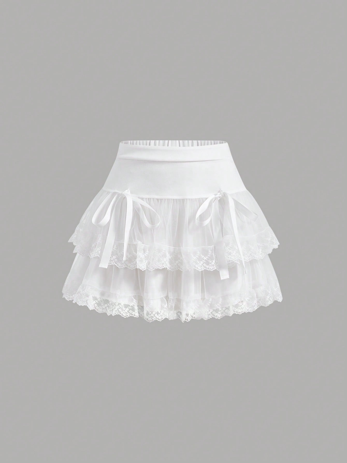 Contrast Embroidery Mesh Tie Front Layer Hem Skirt