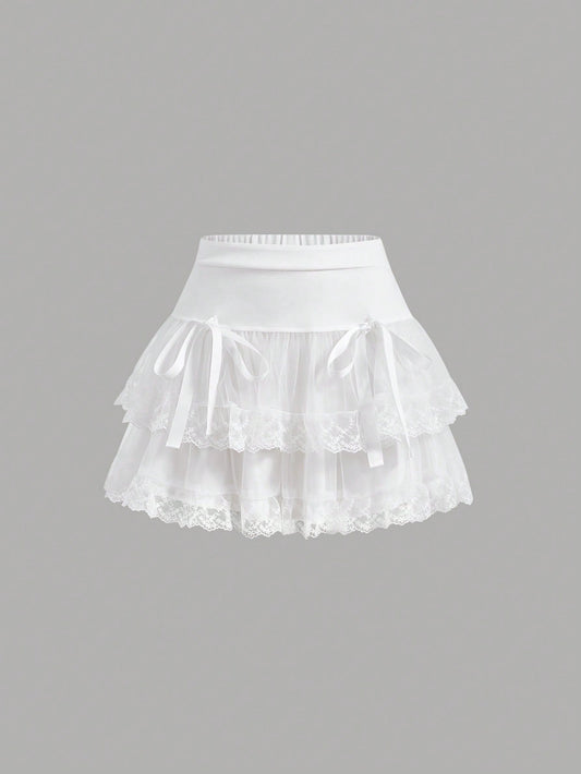 Contrast Embroidery Mesh Tie Front Layer Hem Skirt