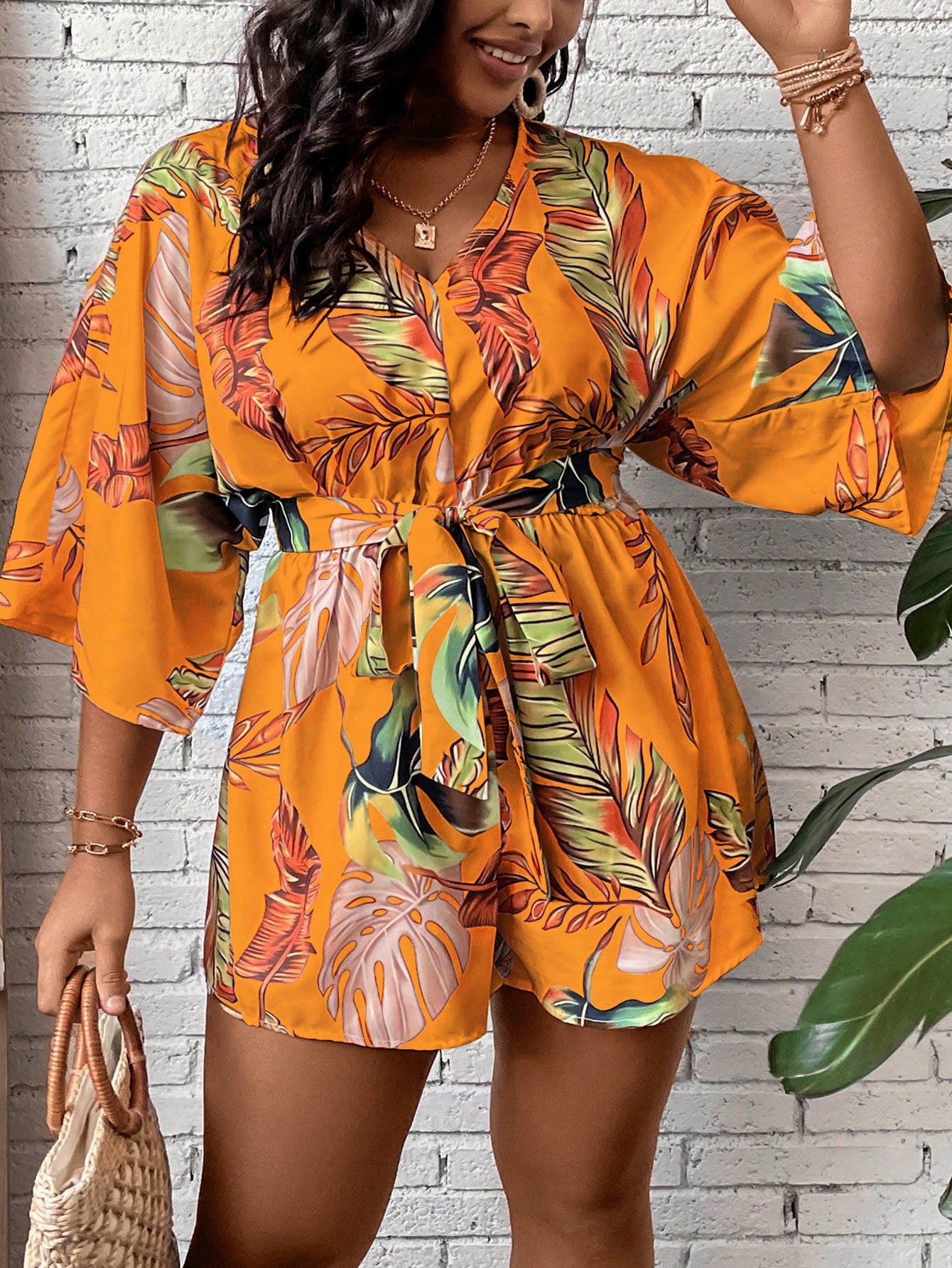 Plus Tropical Print Batwing Sleeve Belted Romper