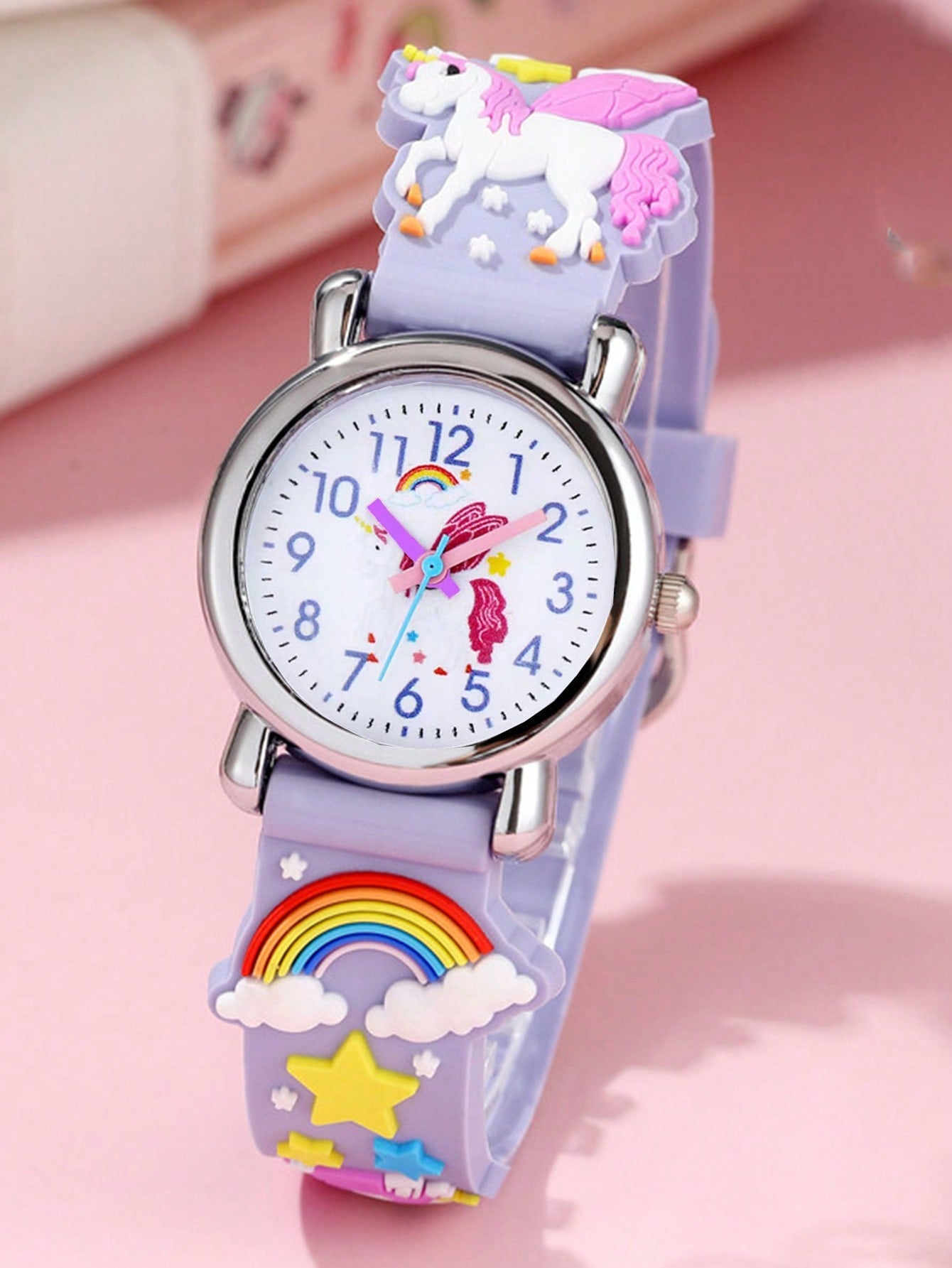 1pc Girls Rainbow & Unicorn Decor Rubber Strap Round Dial Quartz Watch For Daily Life