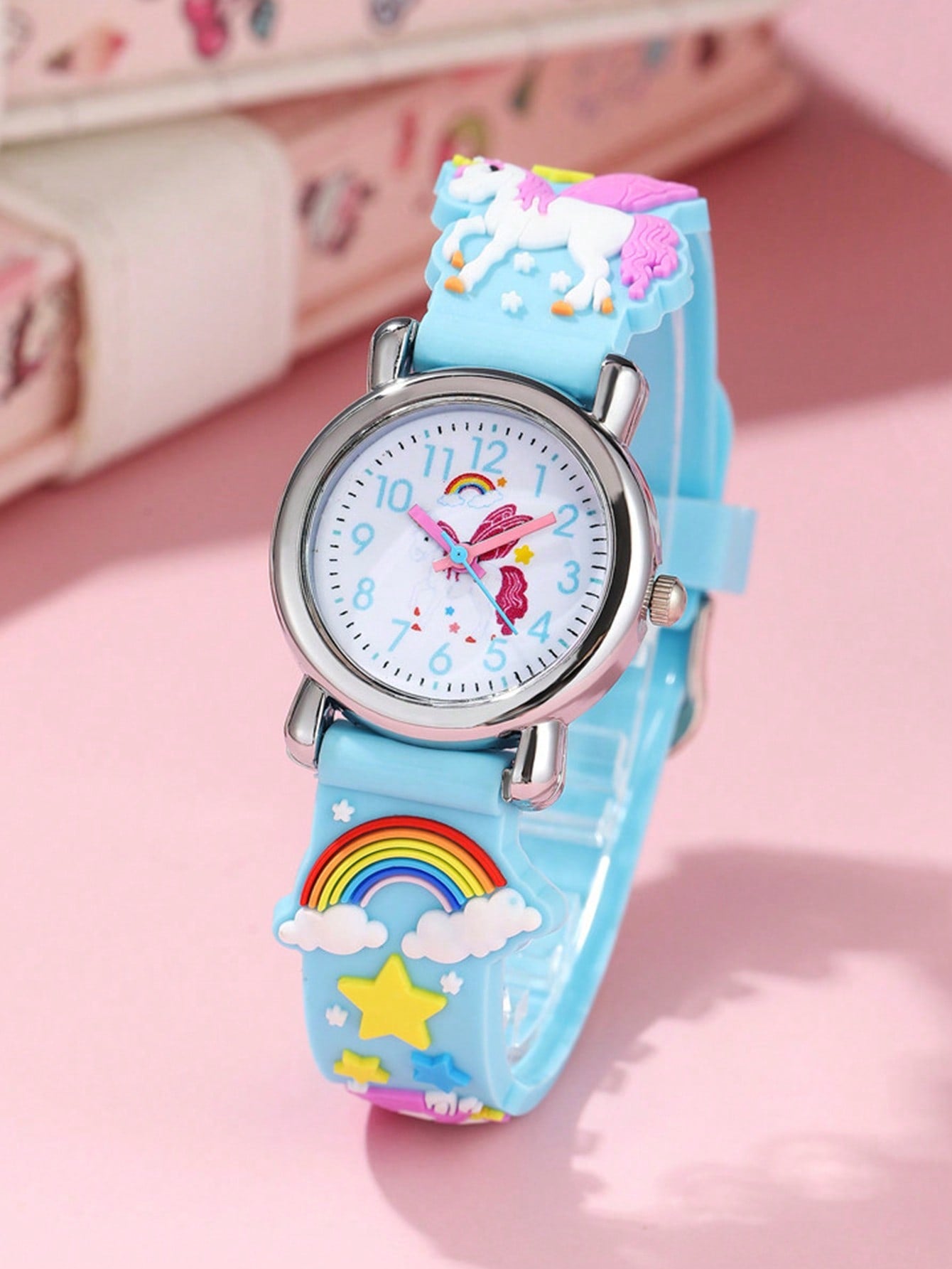 1pc Girls Rainbow & Unicorn Decor Rubber Strap Round Dial Quartz Watch For Daily Life