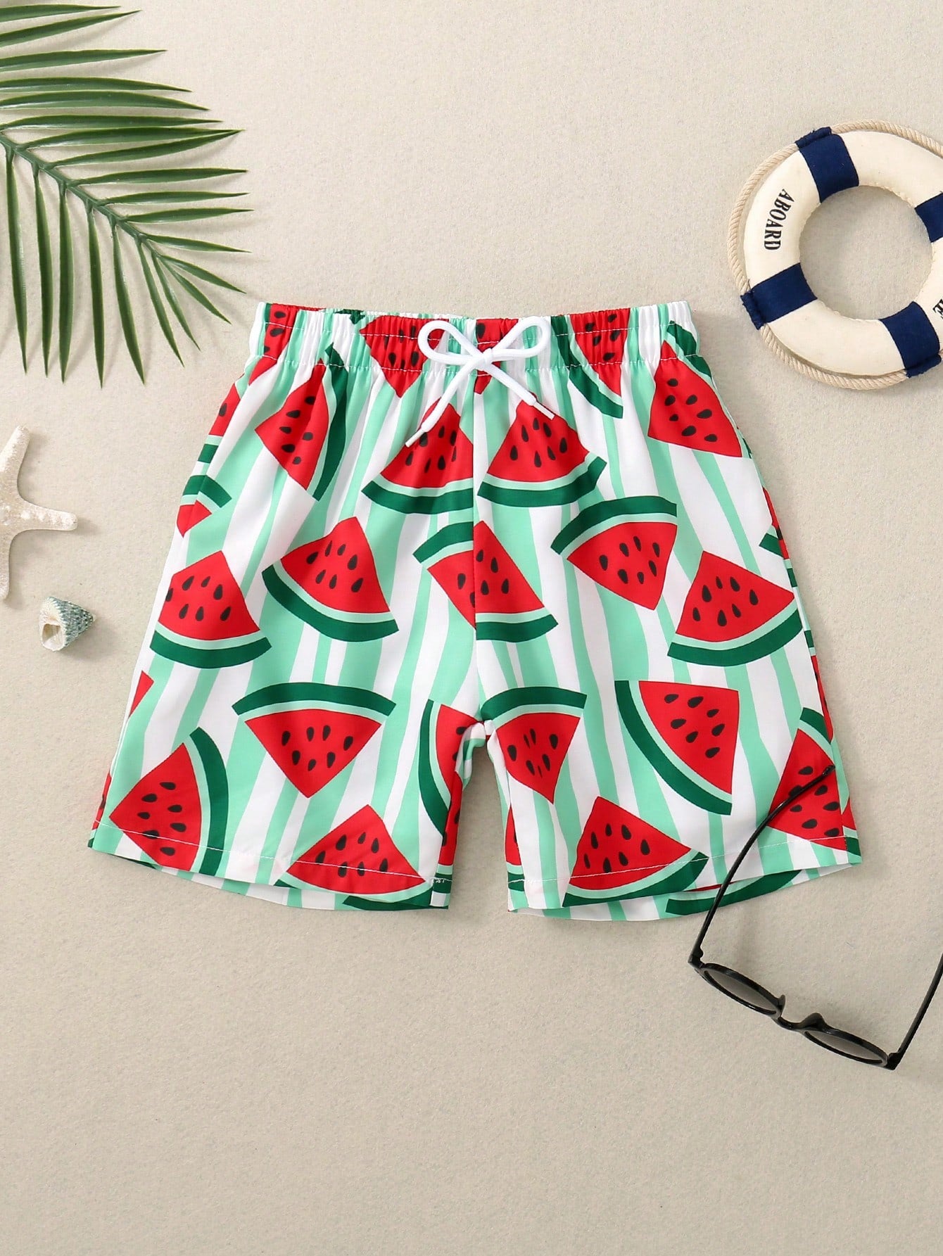 Young Boy Watermelon Print Drawstring Waist Swim Shorts