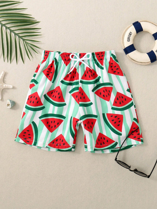 Young Boy Watermelon Print Drawstring Waist Swim Shorts