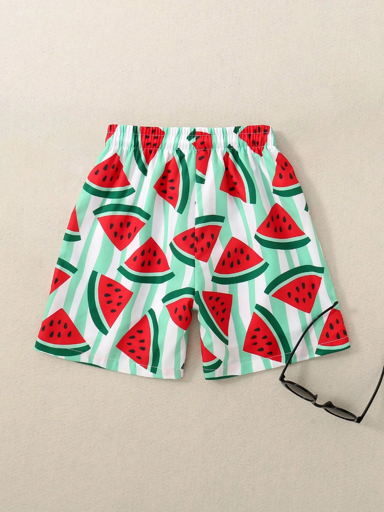 Young Boy Watermelon Print Drawstring Waist Swim Shorts