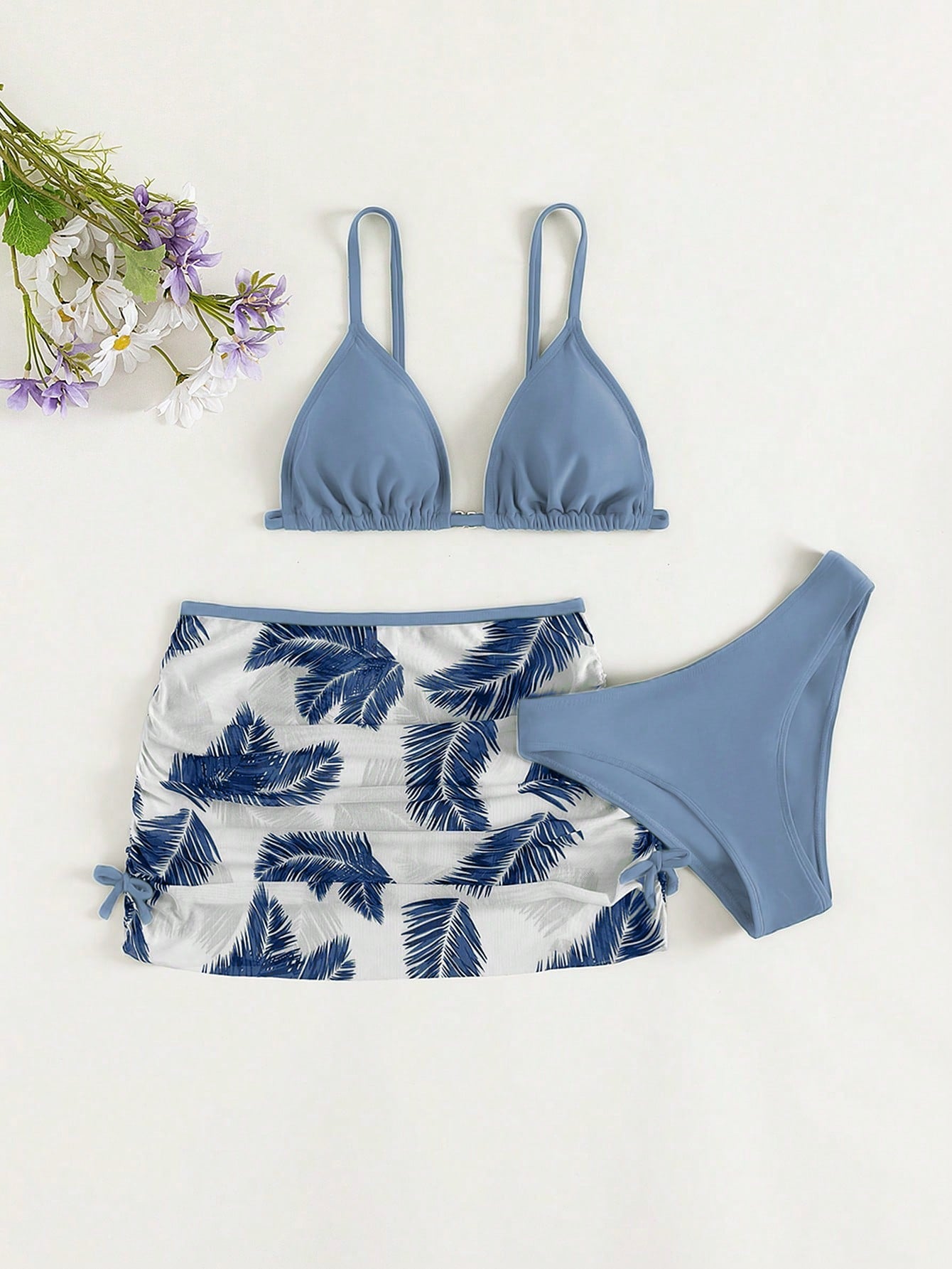 Teen Girls Tropical Print Bikini Set With Beach Skirt Summer Beach