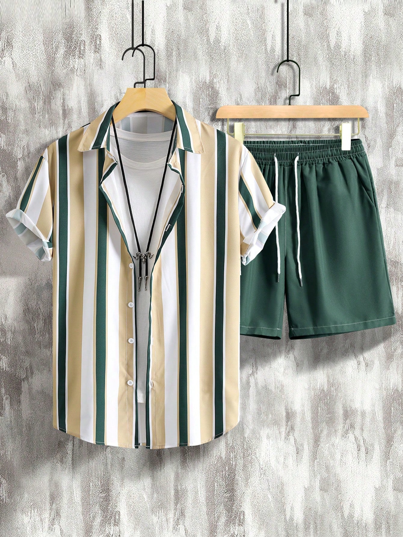 Men Striped Shirt & Drawstring Waist Shorts Without Tee