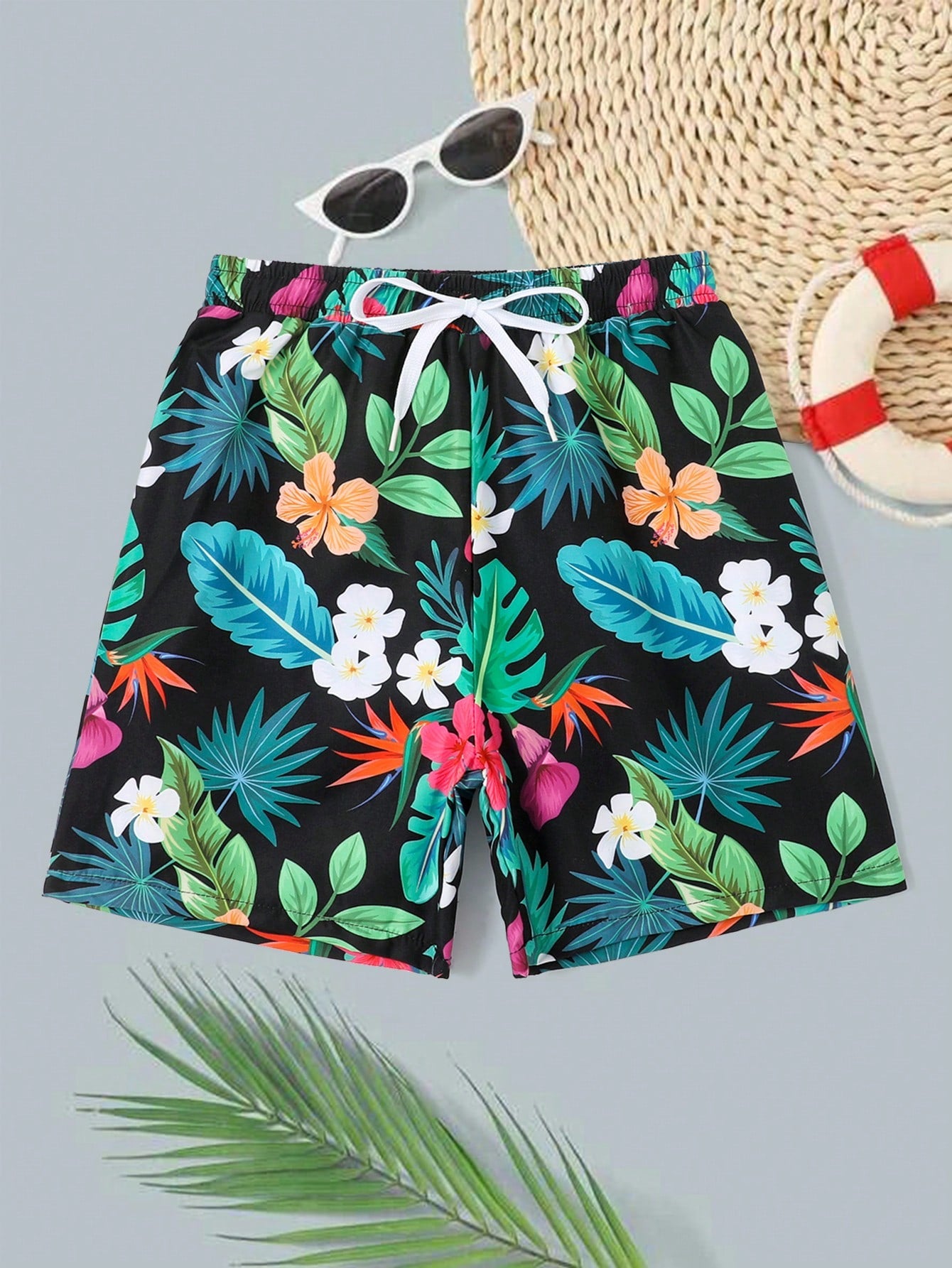 Tween Boy 1pc Tropical Print Drawstring Waist Swim Shorts