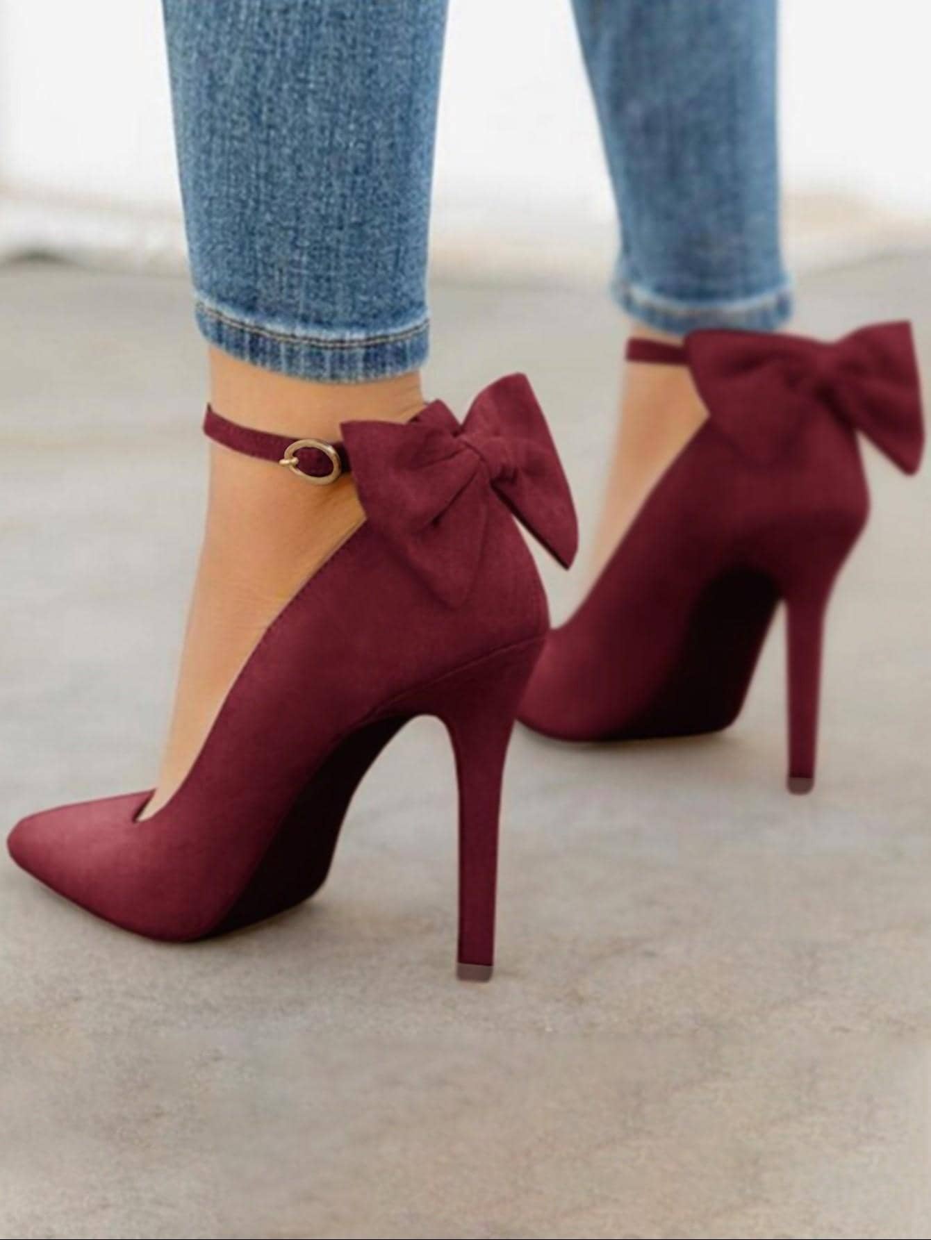 Party Dating Women Pointed Toe High Heels Pumps Stiletto Ankle Strap Dress Pump Shoes With Bow Tie  Valentine's Day