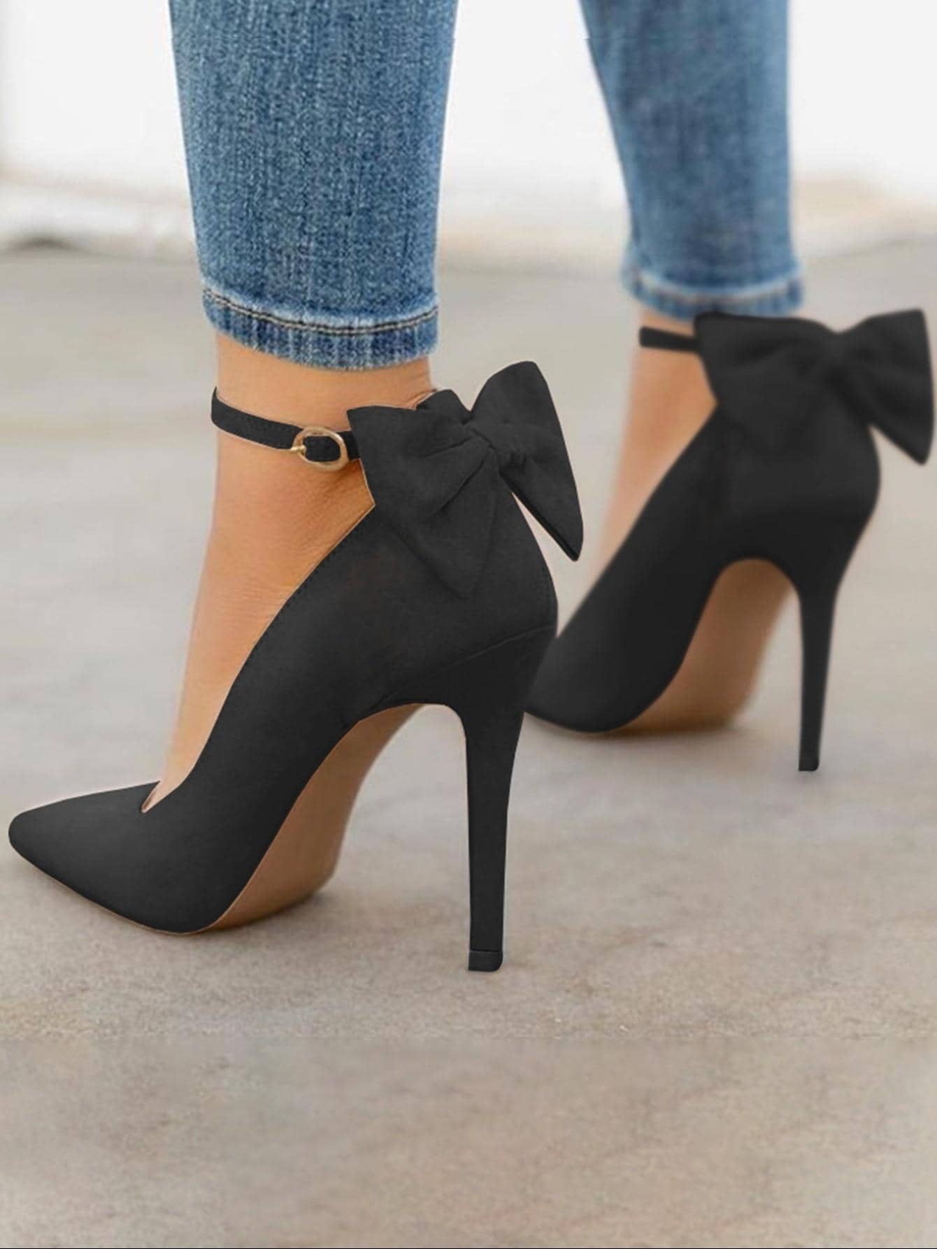 Party Dating Women Pointed Toe High Heels Pumps Stiletto Ankle Strap Dress Pump Shoes With Bow Tie  Valentine's Day