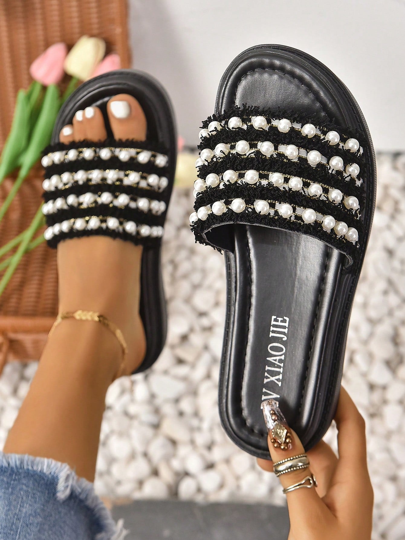 Women Faux Pearl Decor Wedge Slide Sandals, Fashion Summer Sandals