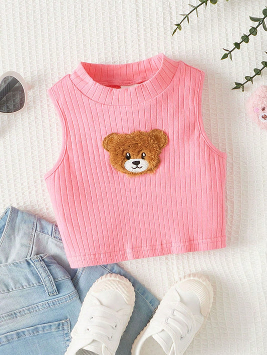 Solid Color Small Turtleneck Short Young Girl Bear Sticker Detail Tank Top For Summer