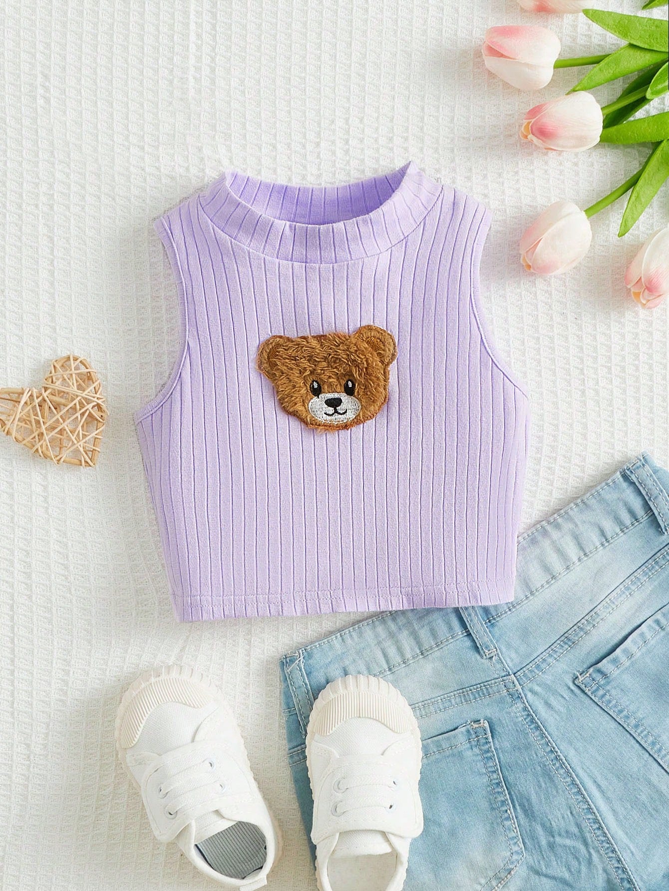 Solid Color Small Turtleneck Short Young Girl Bear Sticker Detail Tank Top For Summer