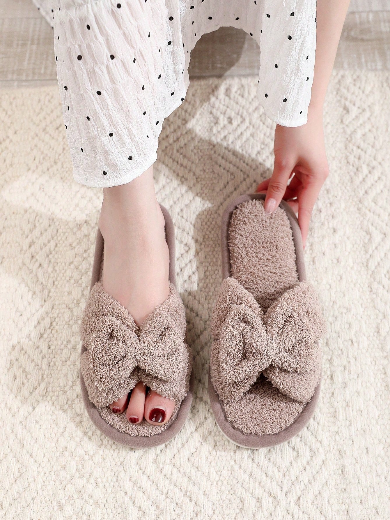 Red Bow Open Toe Slippers, Soft Indoor House Shoes With Quiet Wood Floor Bottoms For Spring And Autumn