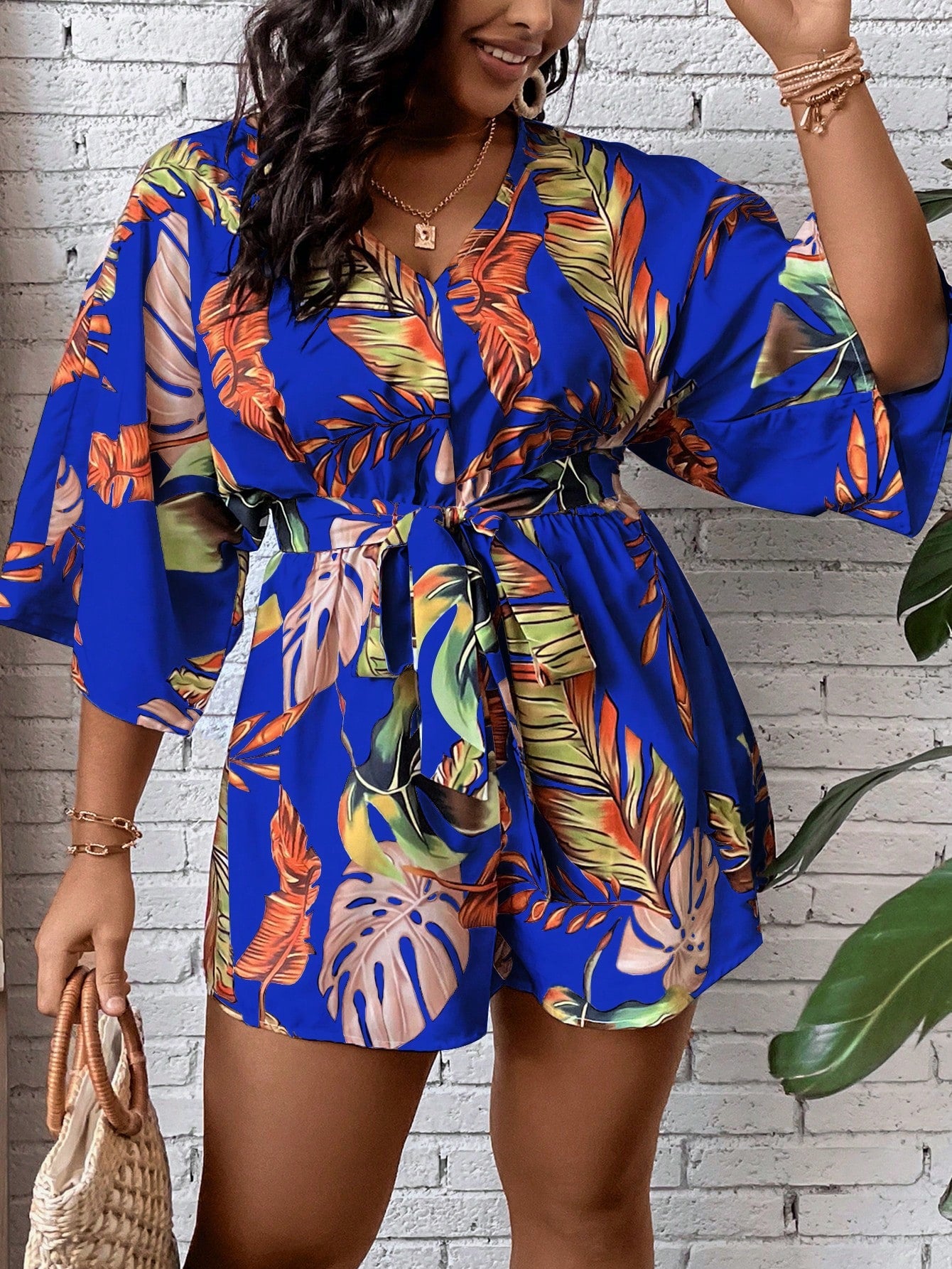 Plus Tropical Print Batwing Sleeve Belted Romper