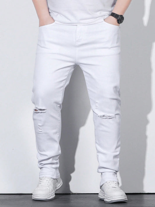 Men Plus Cotton Ripped Frayed Slant Pocket Jeans Slim Fit Long Jean Cargo Plain All White Vacation Casual Size