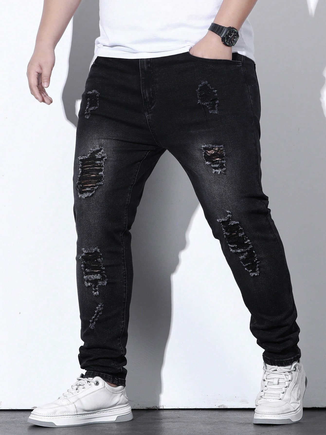 Men Plus Cotton Ripped Frayed Skinny Jeans Slim Fit Long Jean Cargo Plain Black Work Casual Size