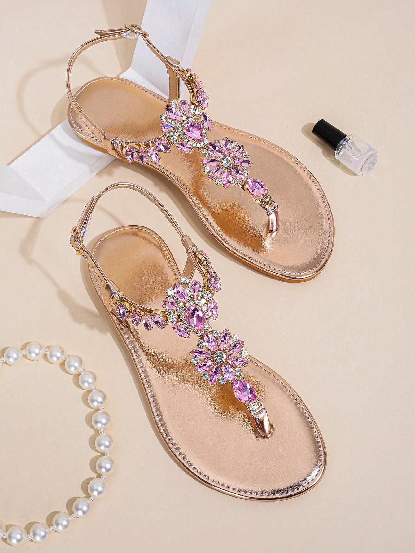 Women Champagne Metallic Rhinestone Decor Thong Sandals, Toe Post T-strap Flat Sandals For Party