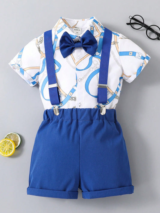 Young Boy Blue & White Chain Printed College Style Gentleman's Regular Collar Short Sleeve Shirt And Shorts Two Piece Set For Summer