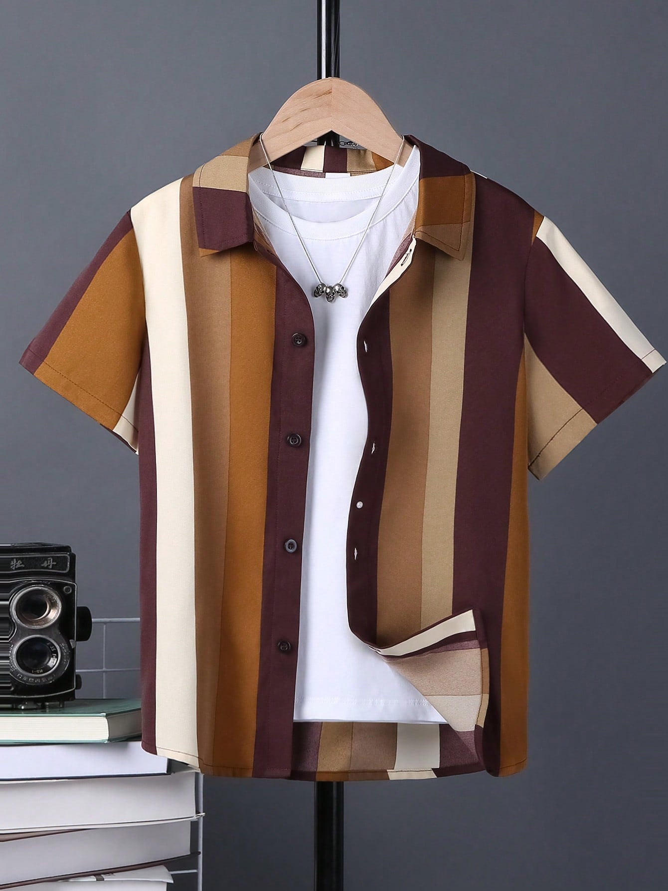 Tween Boy's Daily Casual Striped & Printed Short Sleeve Woven Shirt With Turn-Down Collar