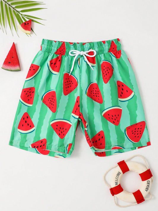 Tween Boy Watermelon Print Drawstring Waist Swim Shorts