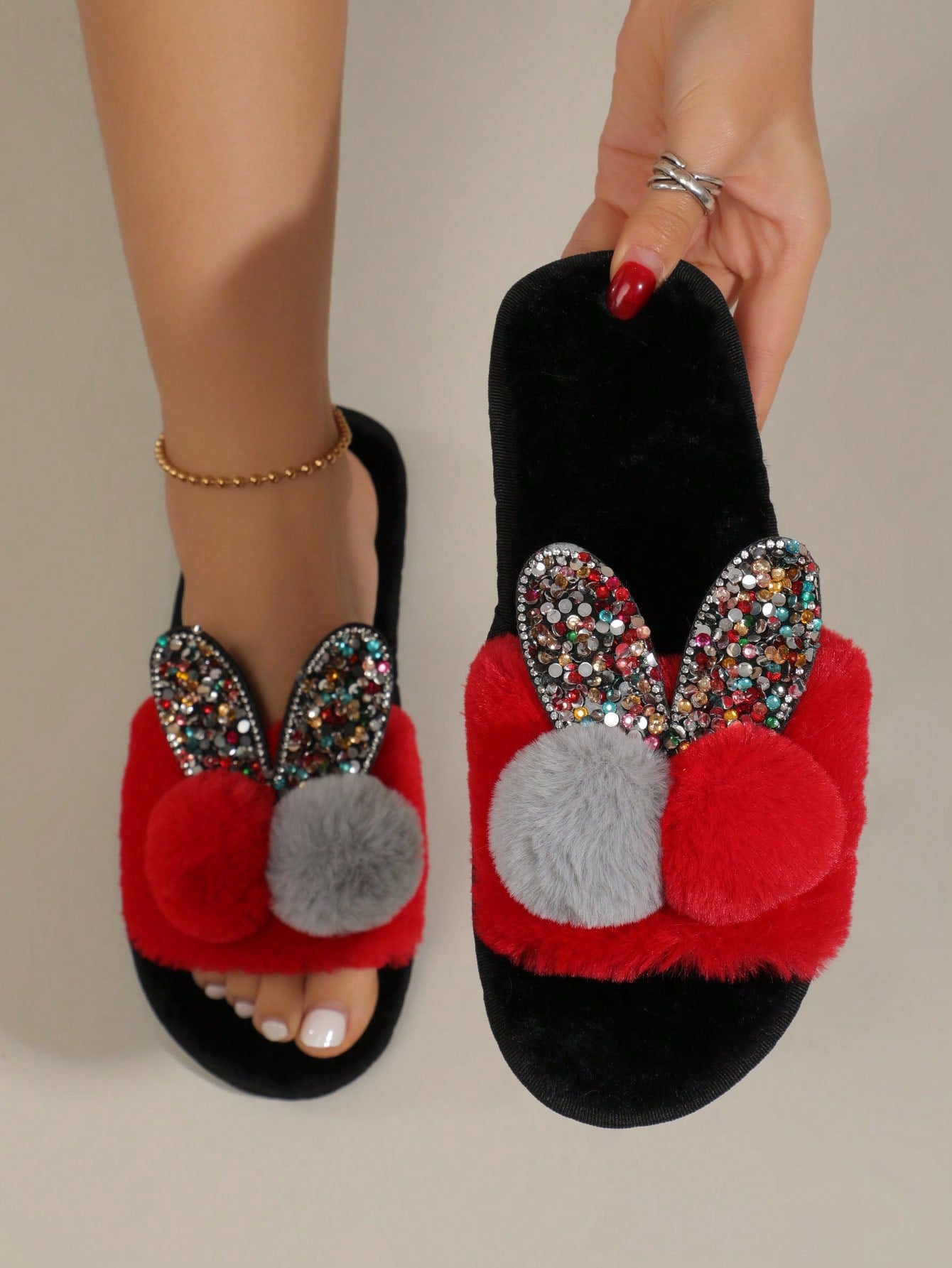 Women Bow Pom Pom Decor Rhinestone Slippers,  Fashionable Open Toe Slippers For Bedroom