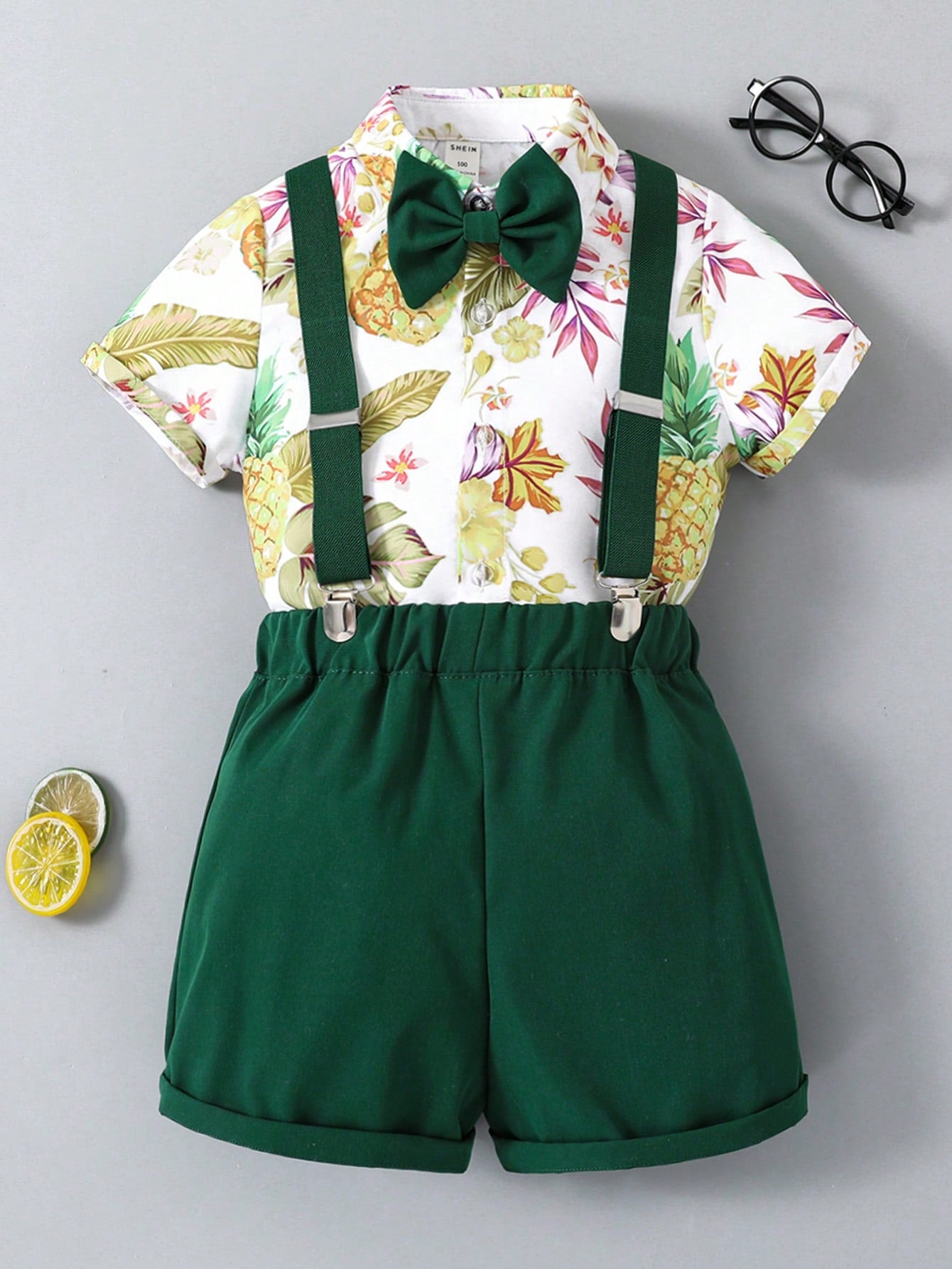 Young Boy Floral Print Bow Shirt & Pinafore Shorts