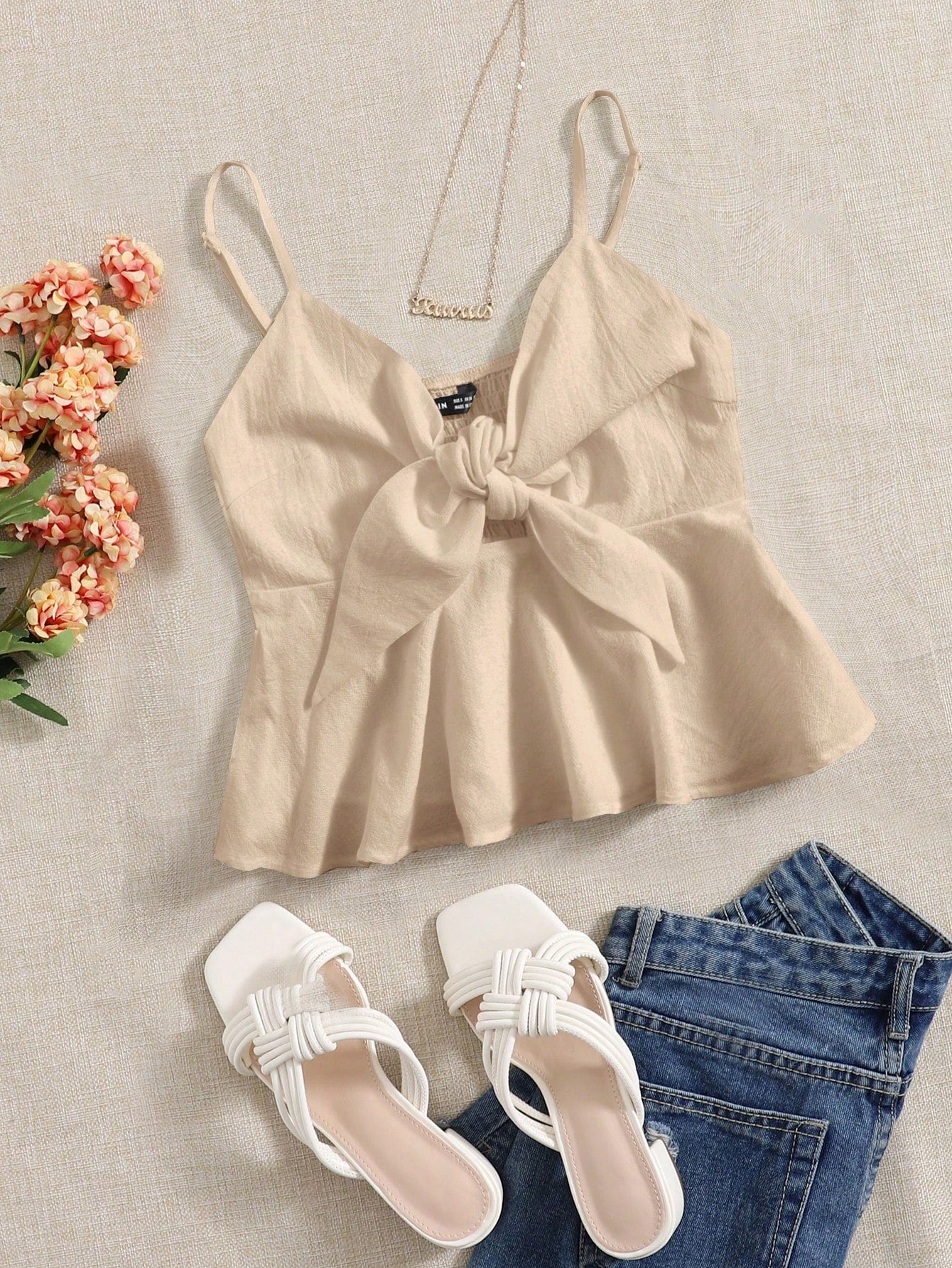 Knot Front Ruffle Hem Cami Top