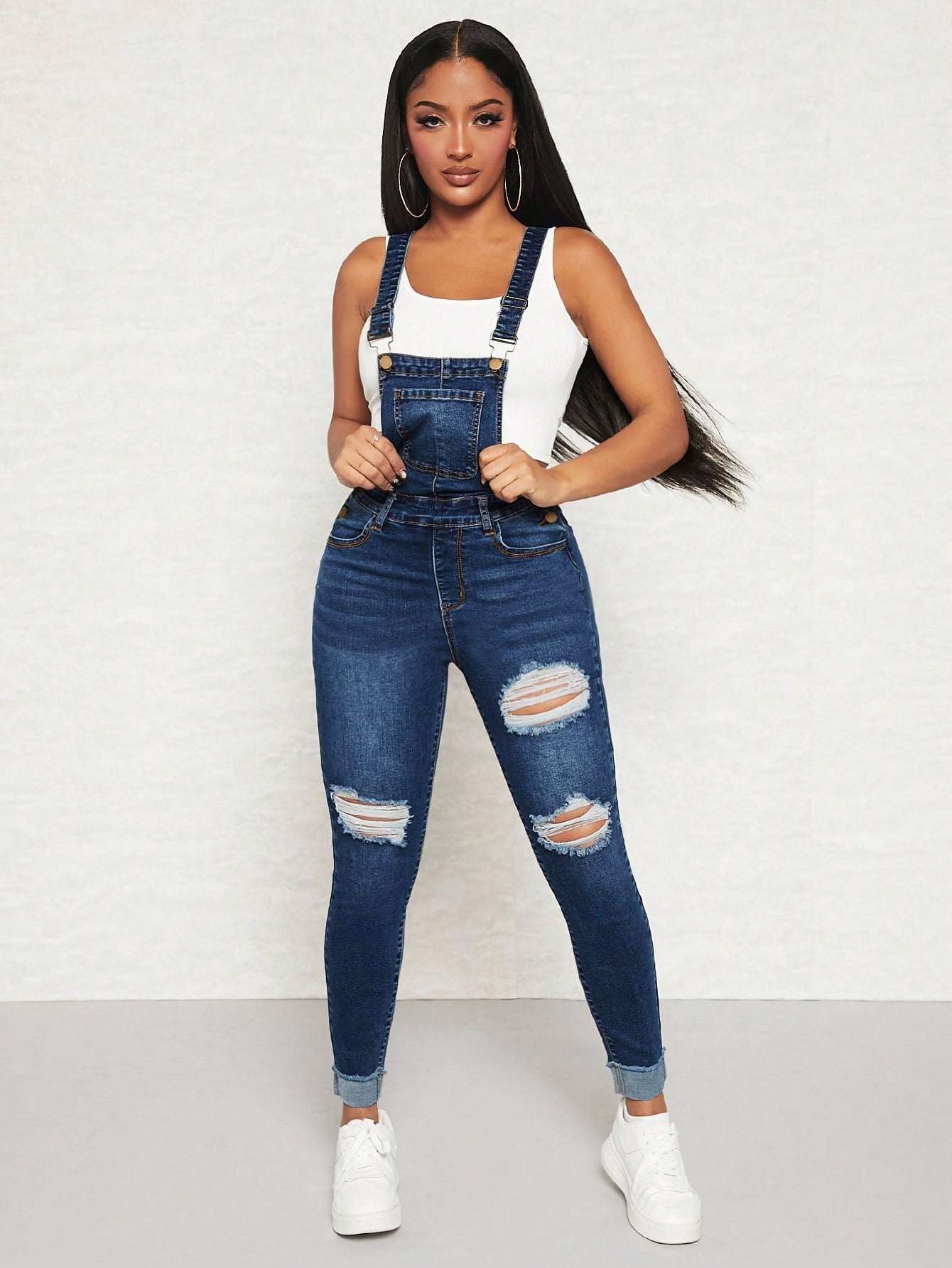 Ripped Roll Up Hem Denim Overall