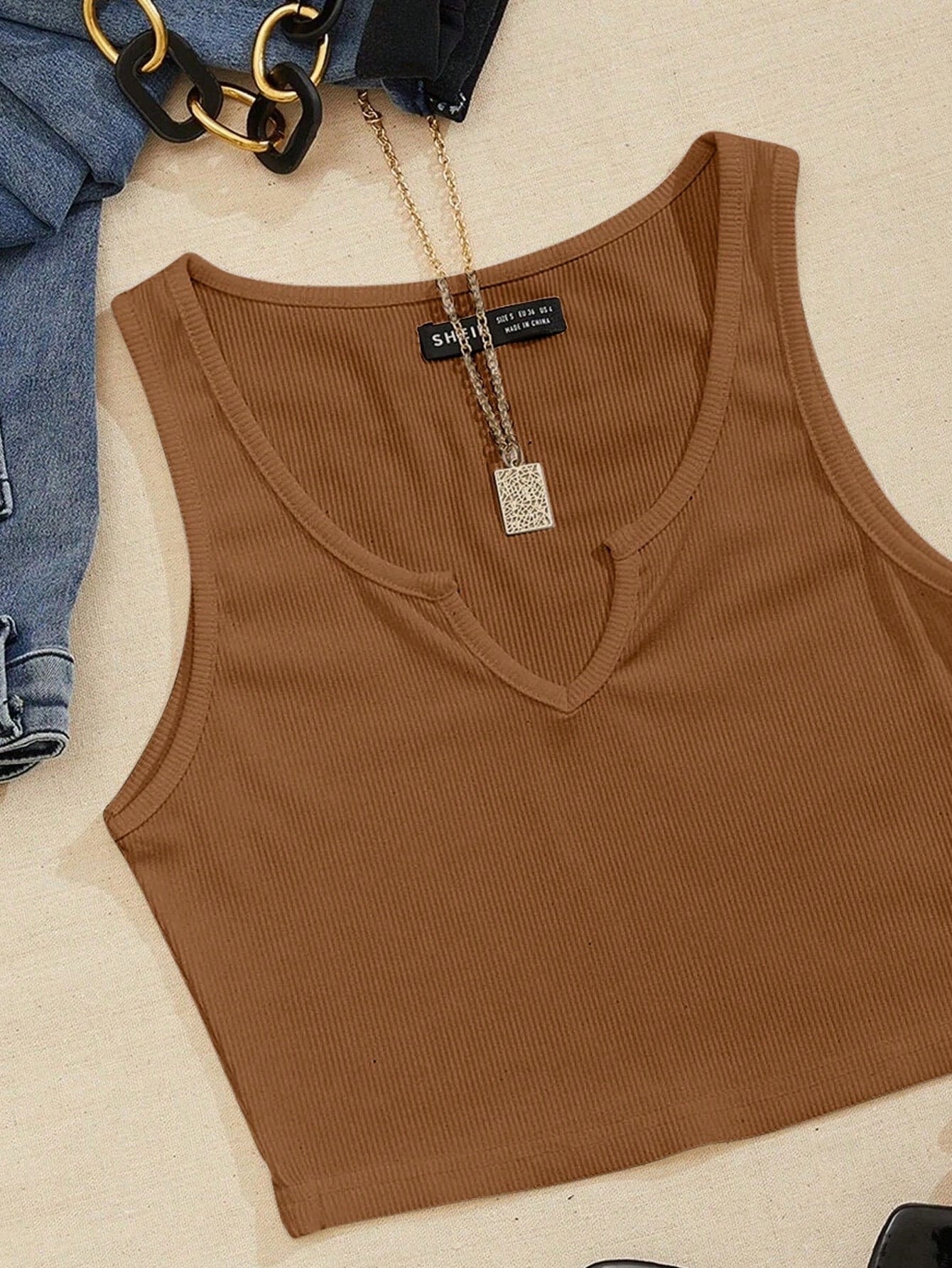 Notched Neck Ribbed Knit Tank Top