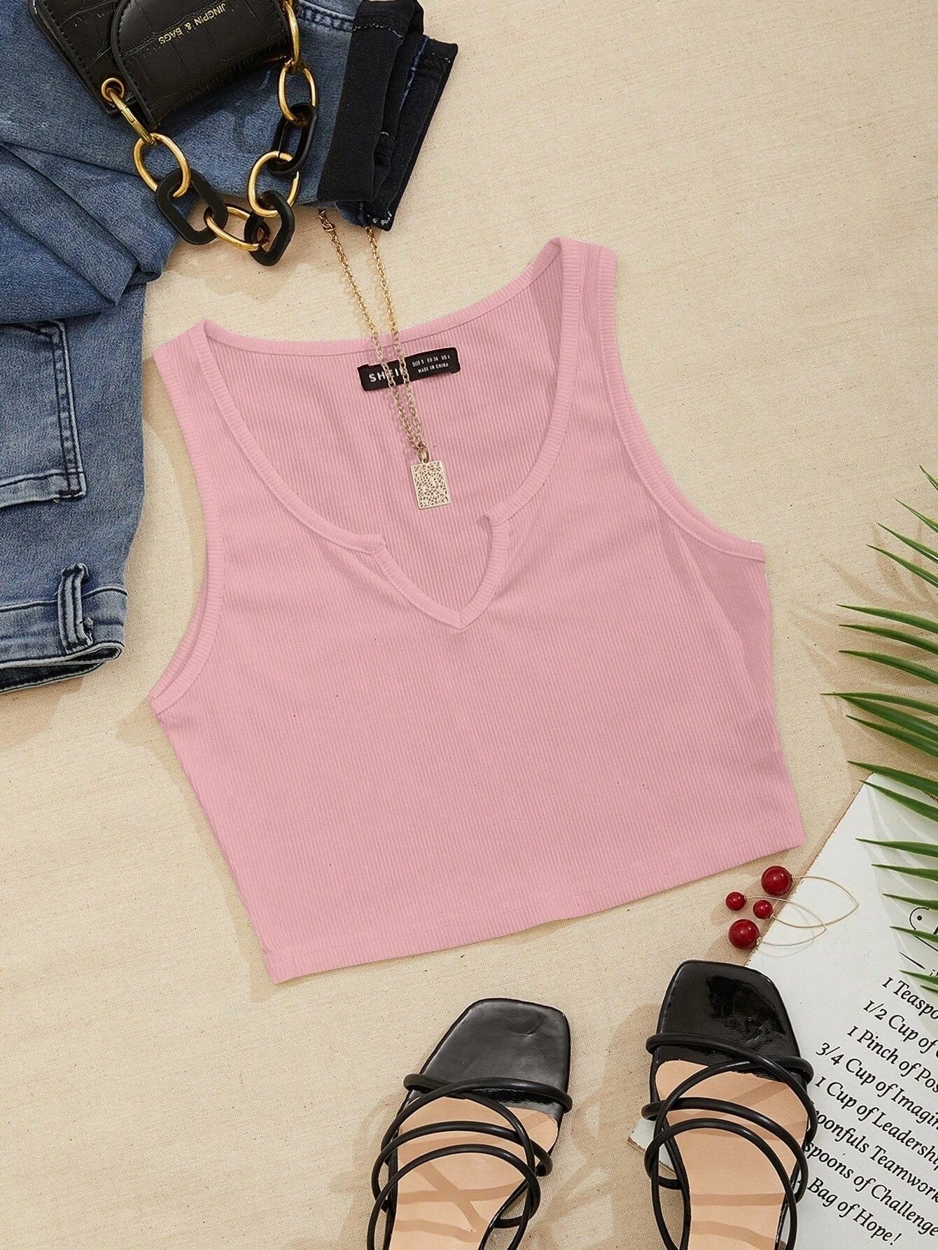 Notched Neck Ribbed Knit Tank Top