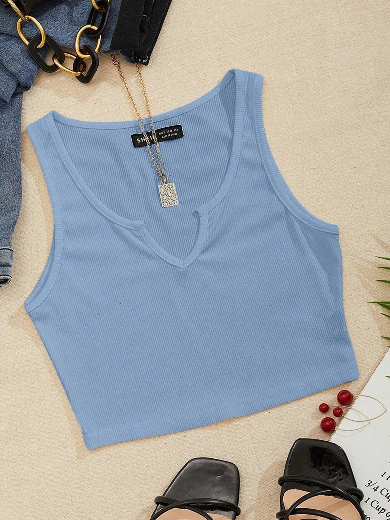 Notched Neck Ribbed Knit Tank Top