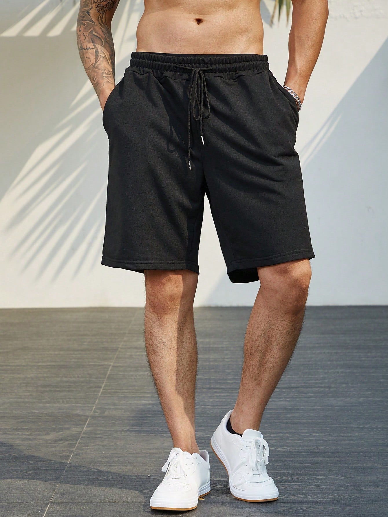 Men Plus Solid Drawstring Waist Shorts Sweat Plain Black Size