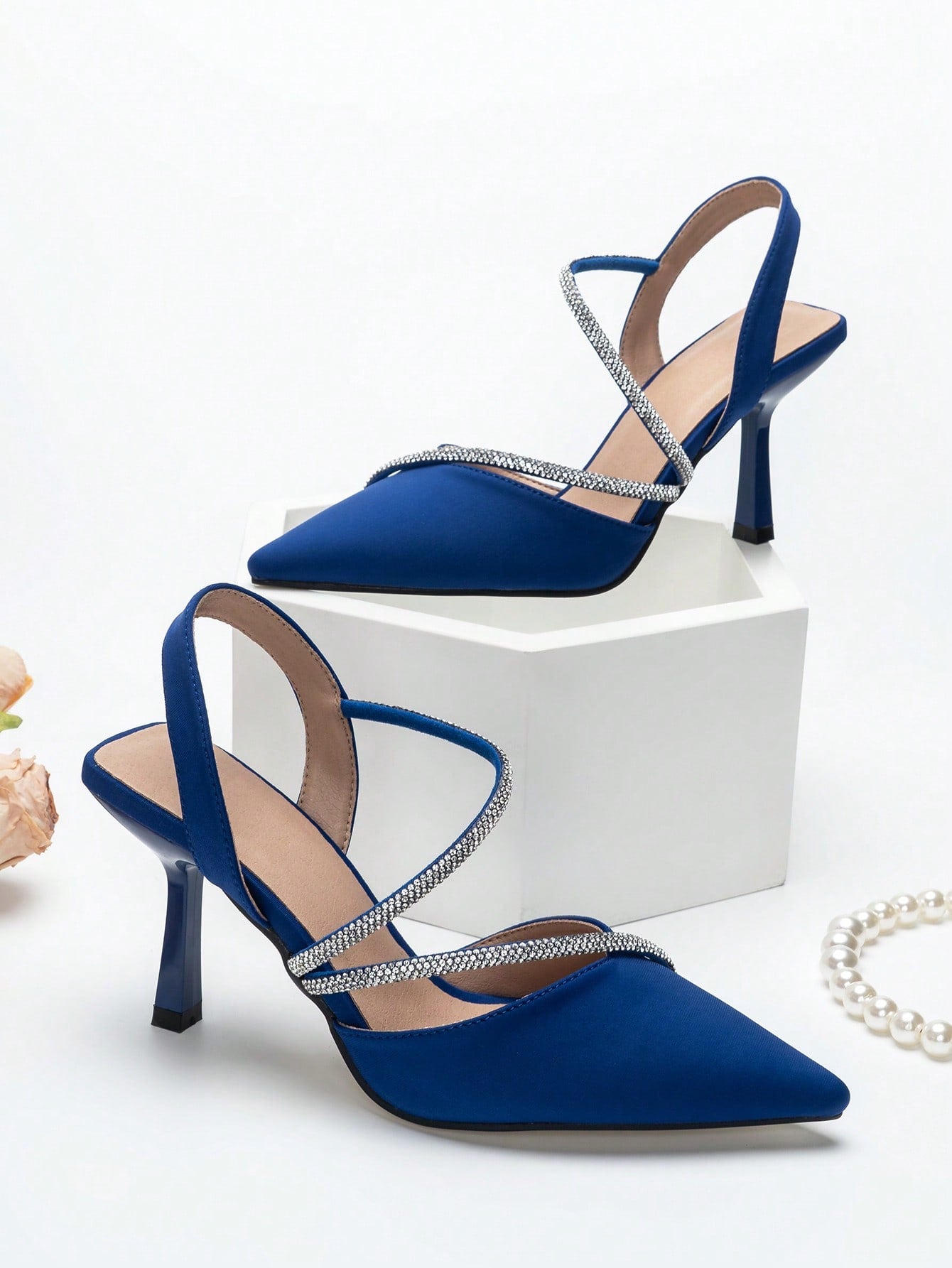 Women Rhinestone Decor Point Toe Pyramid Heeled Pumps, Fashion Blue Elastane Slingback Pumps