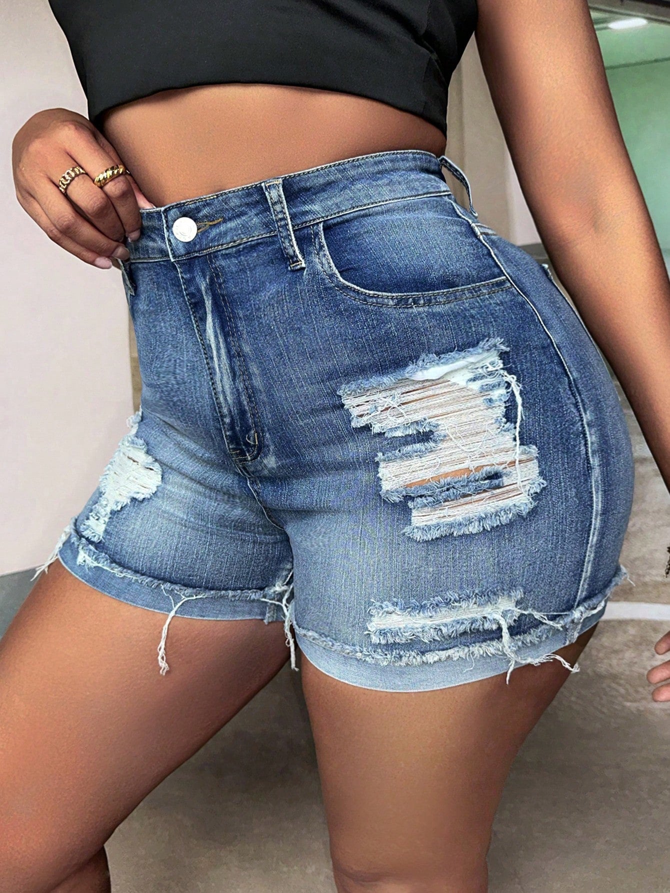 Plus Ripped Raw Cut Denim Shorts