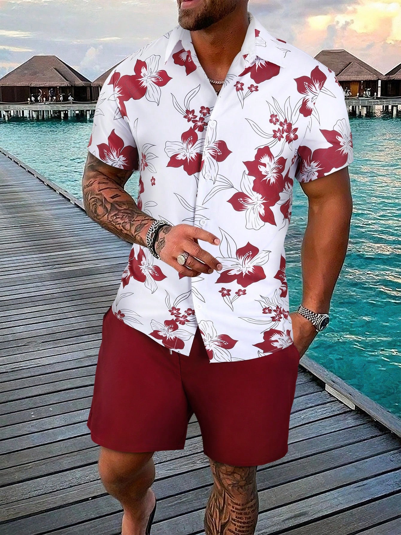 Men Floral Print Shirt & Drawstring Waist Shorts Without Tee