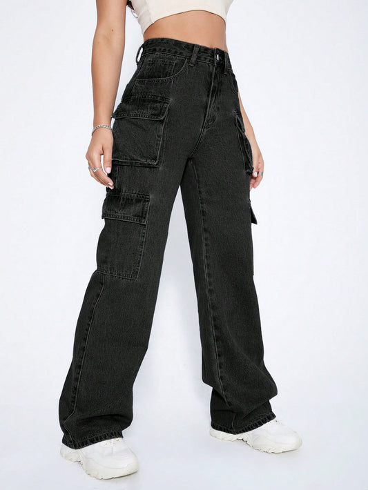 Y2k Black High Waist Flap Pocket Cargo Jeans