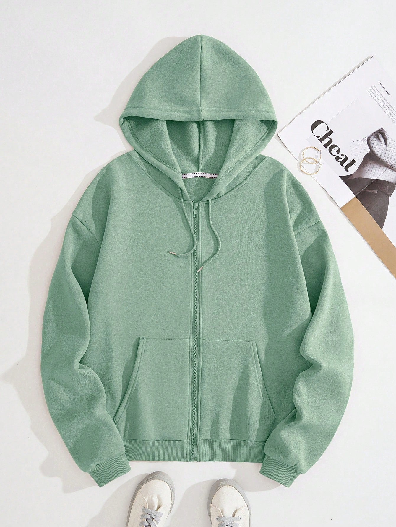 Plus Solid Zip Up Drawstring Thermal Lined Hoodie