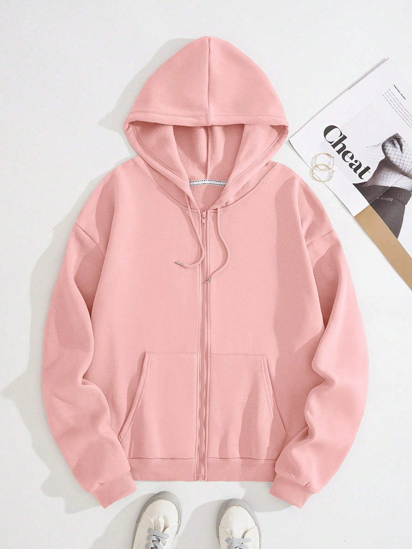 Plus Solid Zip Up Drawstring Thermal Lined Hoodie