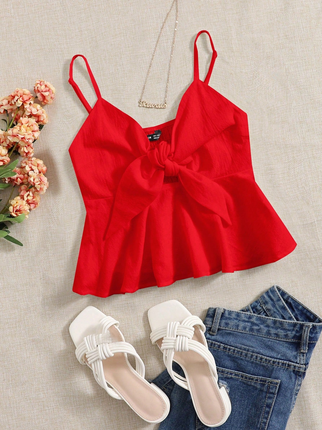 Knot Front Ruffle Hem Cami Top