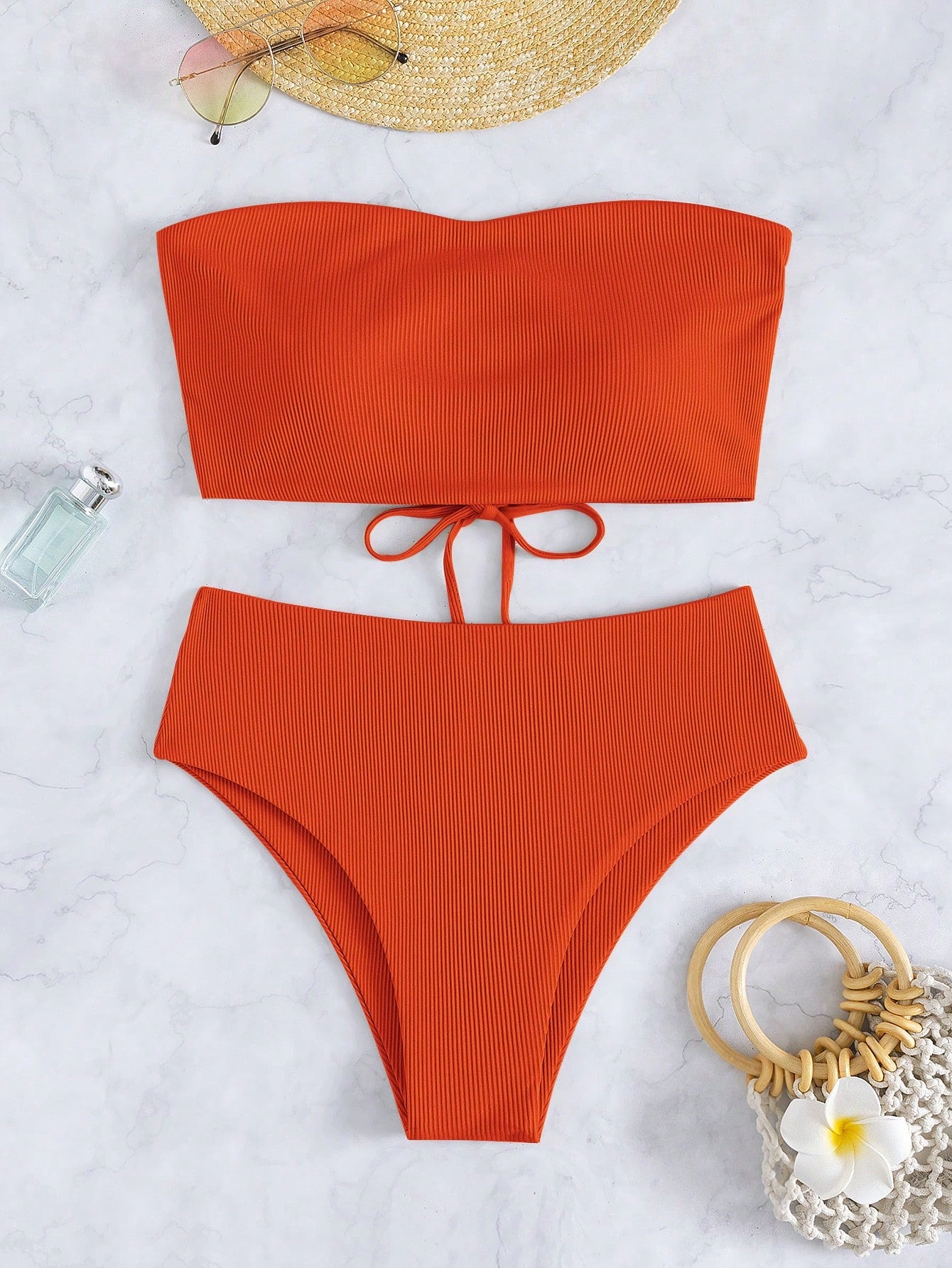 Swim Summer Beach Rib-Knit Bikini Set Lace Up Bandeau Bra Top & High Waist Bikini Bottom 2 Pieces Bikini