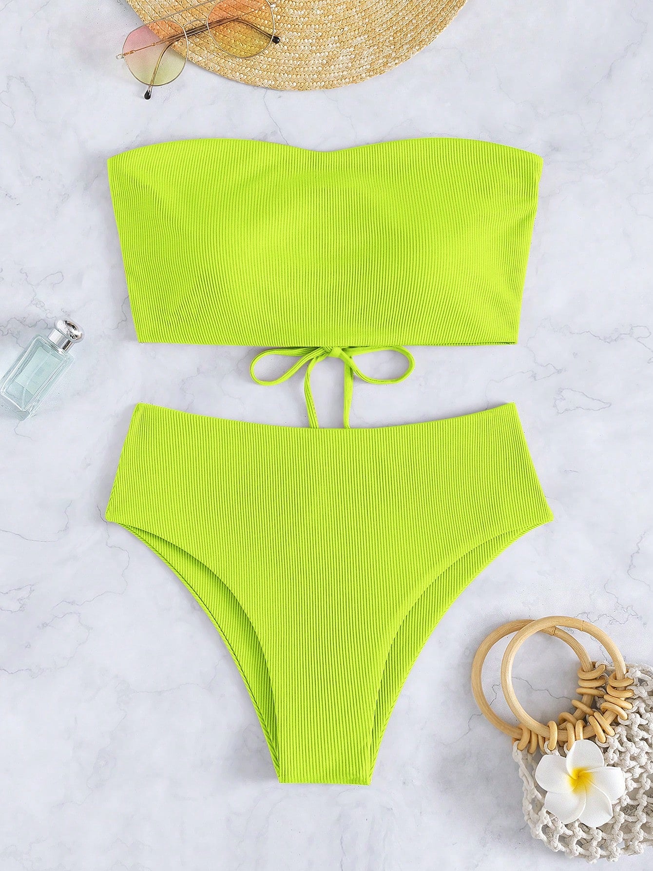 Swim Summer Beach Rib-Knit Bikini Set Lace Up Bandeau Bra Top & High Waist Bikini Bottom 2 Pieces Bikini