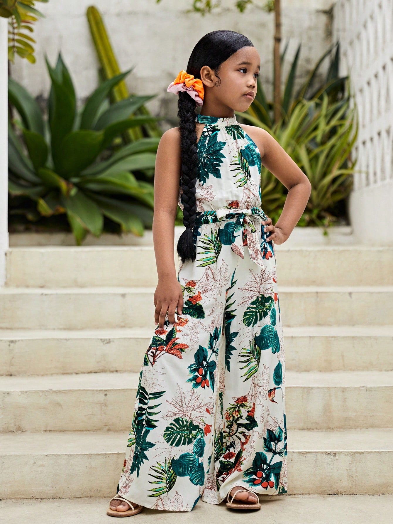 Tween Girl Tropical Print Belted Halter Jumpsuit