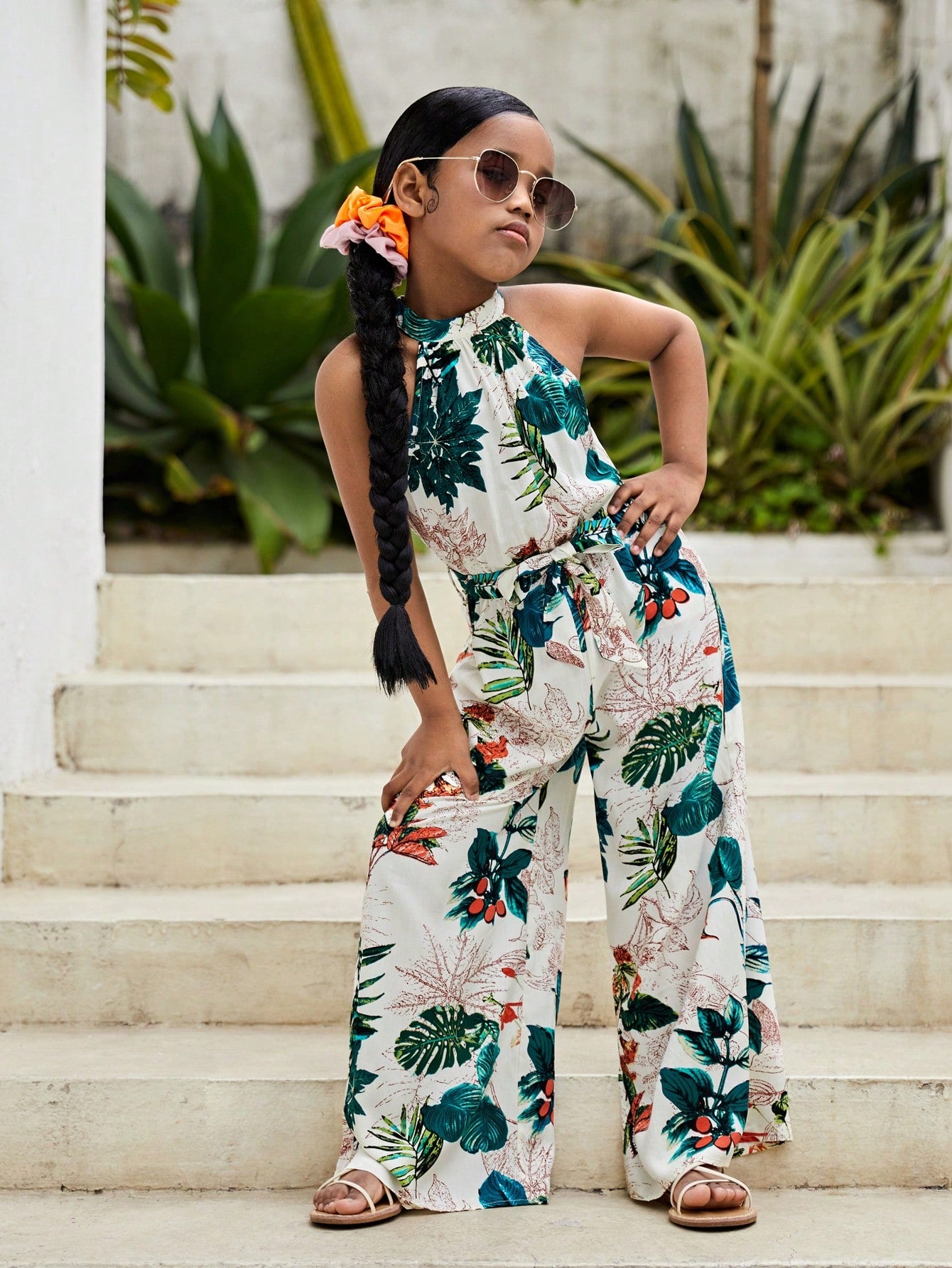 Tween Girl Tropical Print Belted Halter Jumpsuit