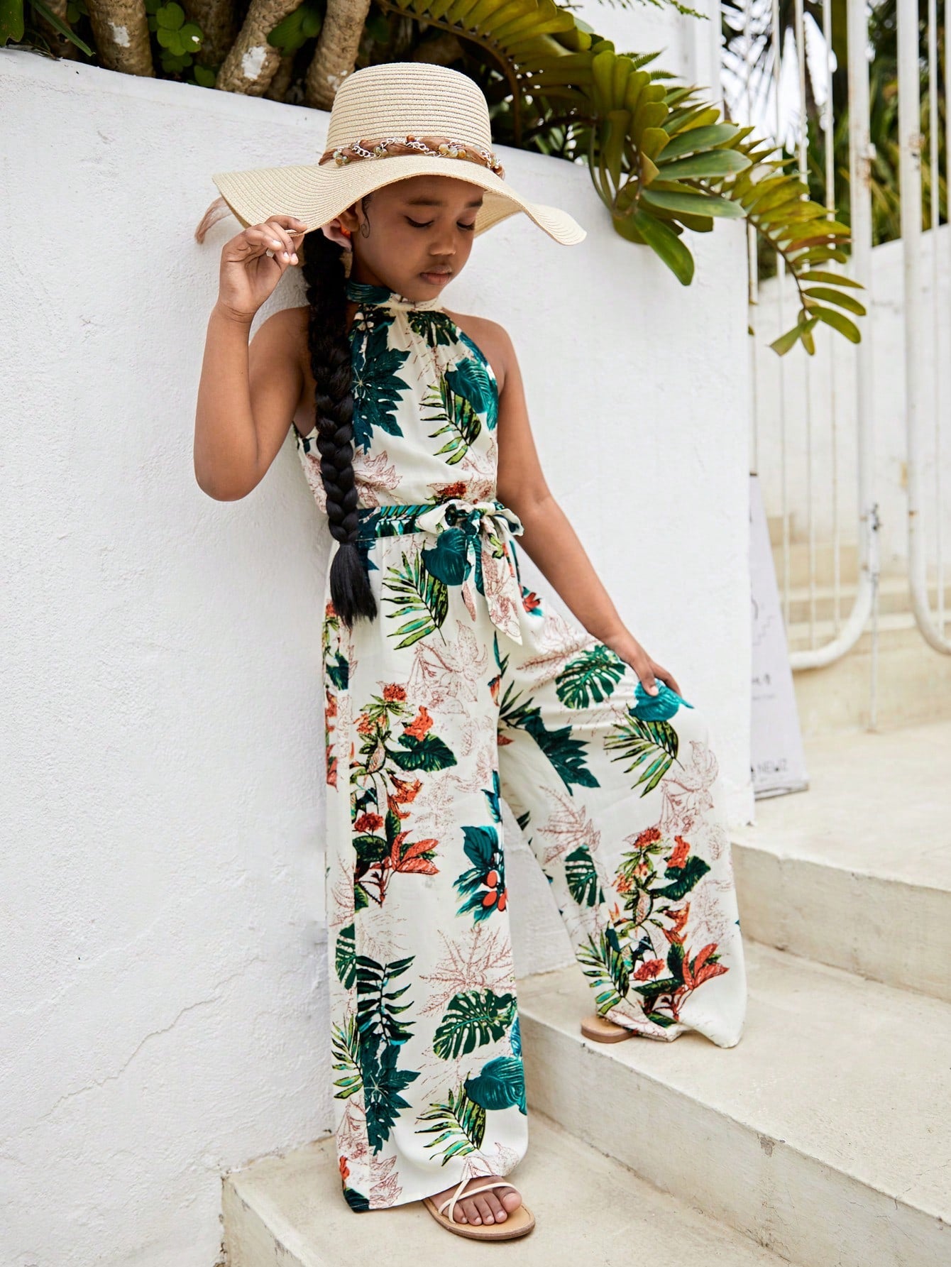 Tween Girl Tropical Print Belted Halter Jumpsuit