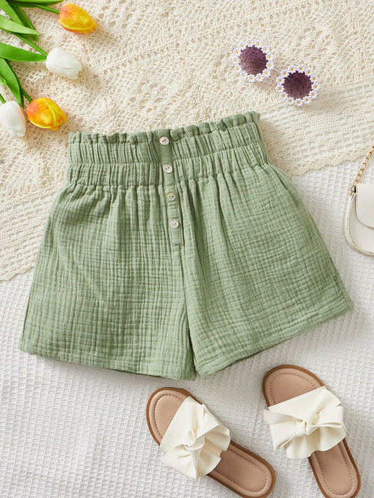 Tween Girl Solid Color Loose Fit Shorts With Ruffle Hem And Button Decoration On The Front Waistband, Perfect For Vacations