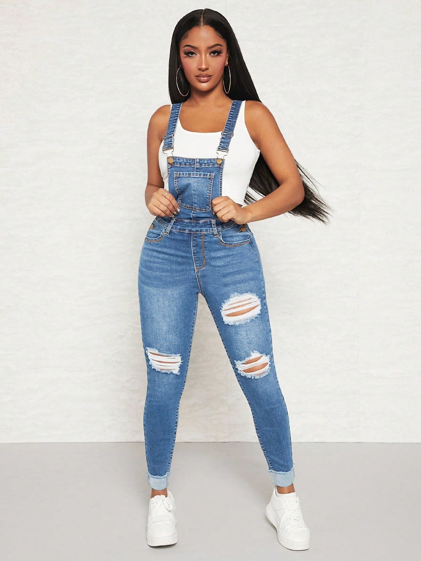 Ripped Roll Up Hem Denim Overall