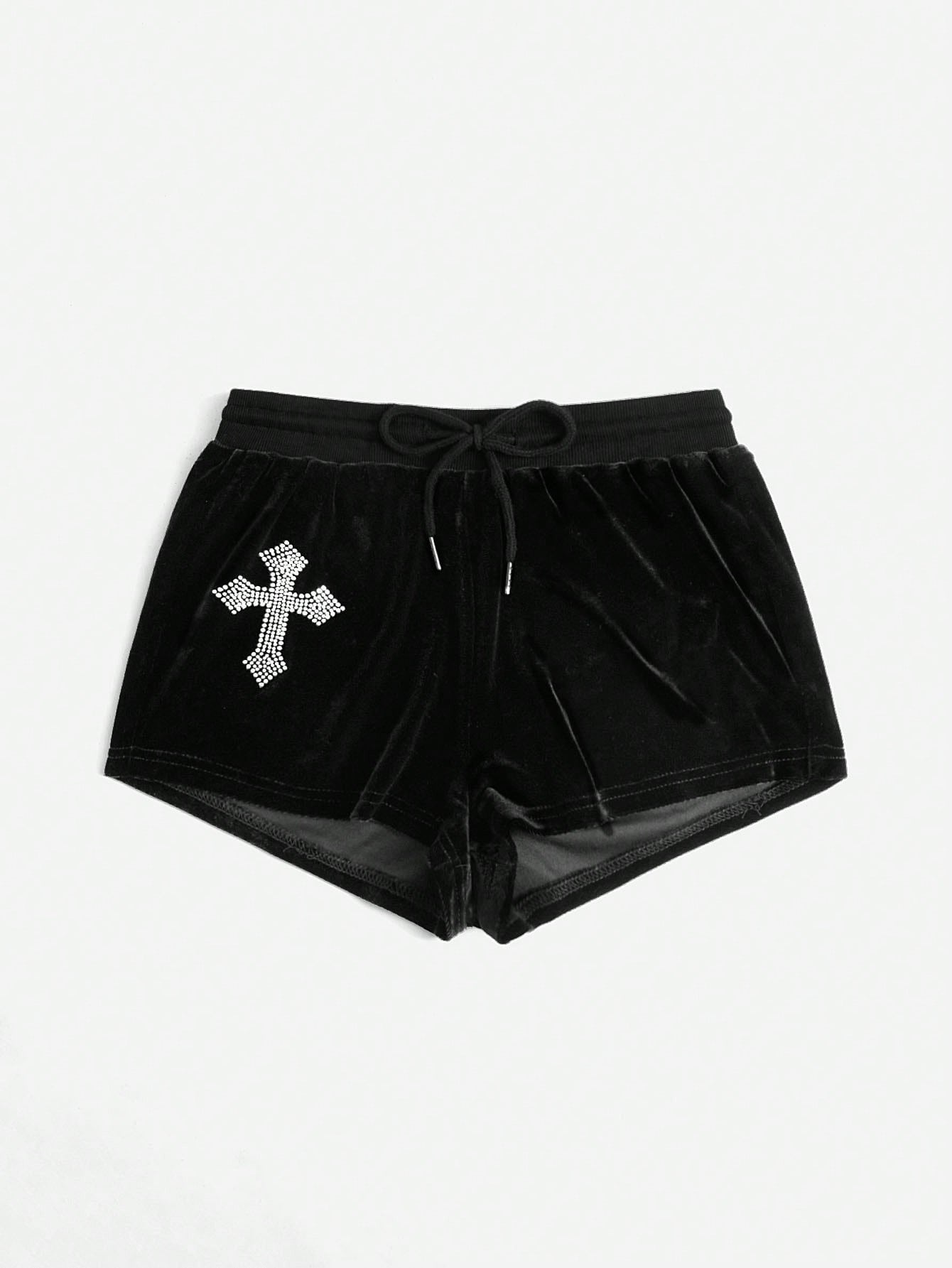 Punk Y2K Style Cross Rhinestone Decor Elastic High Waist Bodycon Velvet Mini Shorts For Yoga Fitness