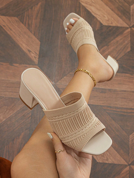 Spring/Summer Fashionable Woven Chunky Heel Women's Camel Color Slipper, Open Toe High Heel Sandals