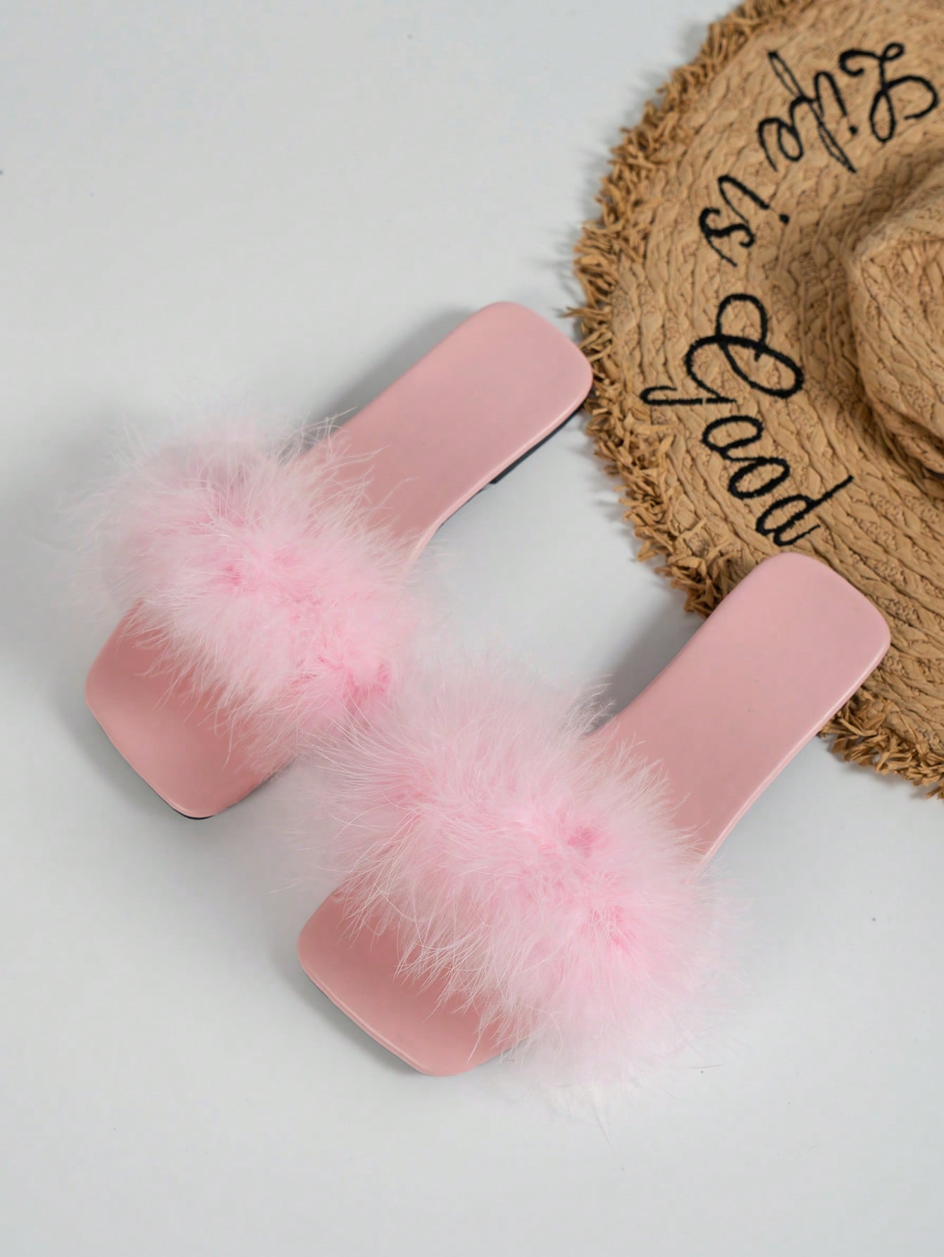 Women Plush Decor Flat Sandals, Glamorous Outdoor Pink Slide Sandals